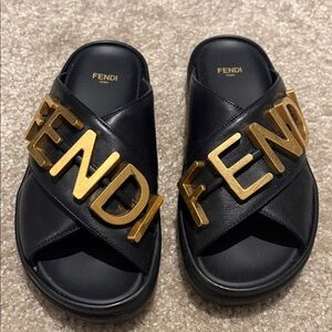 Authentic Fendi Black Slides with Gold Logo